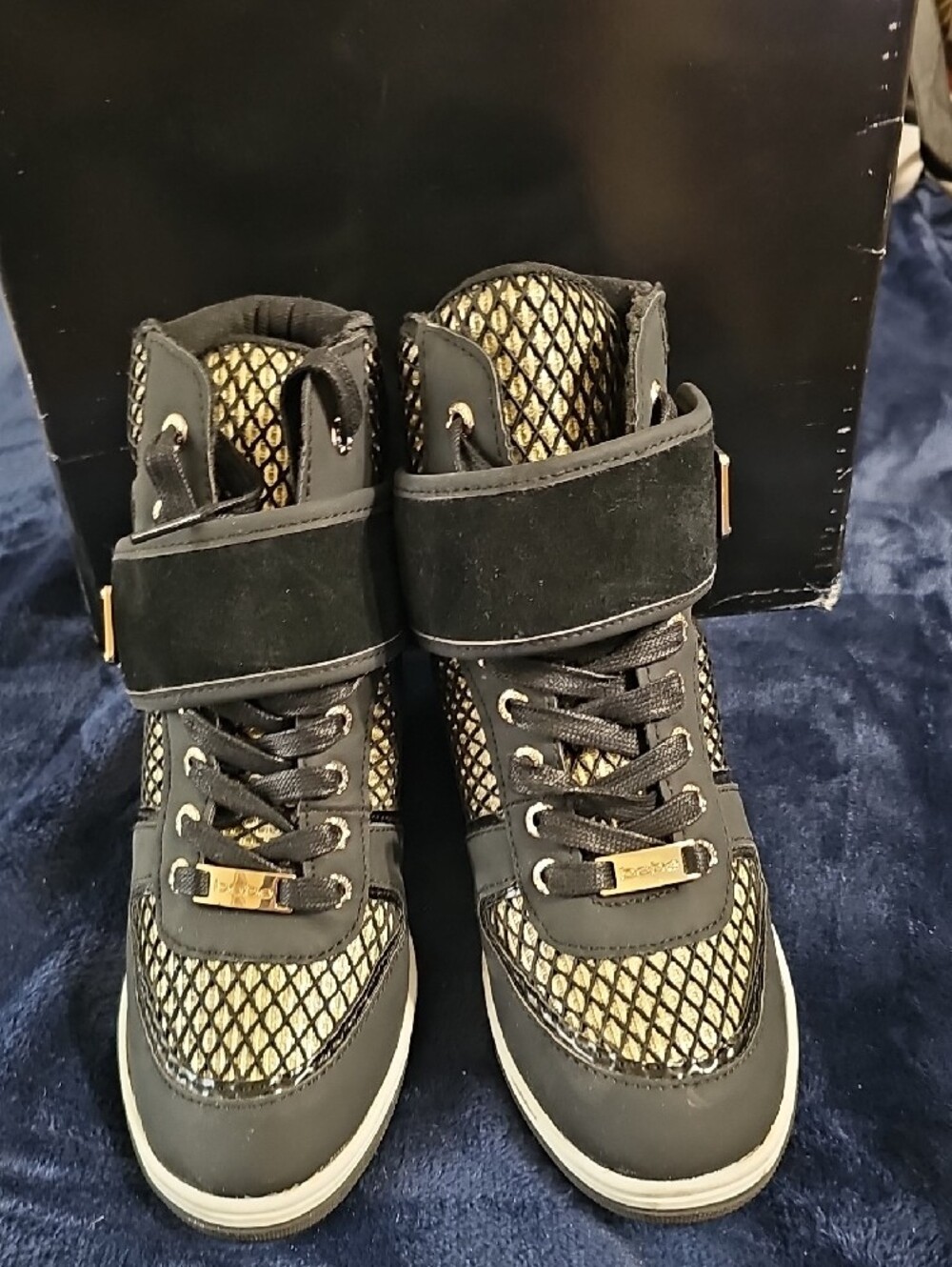 bebe Black and Gold High-Top Wedge Sneakers for Women Size 9 - Picture 2 of 12